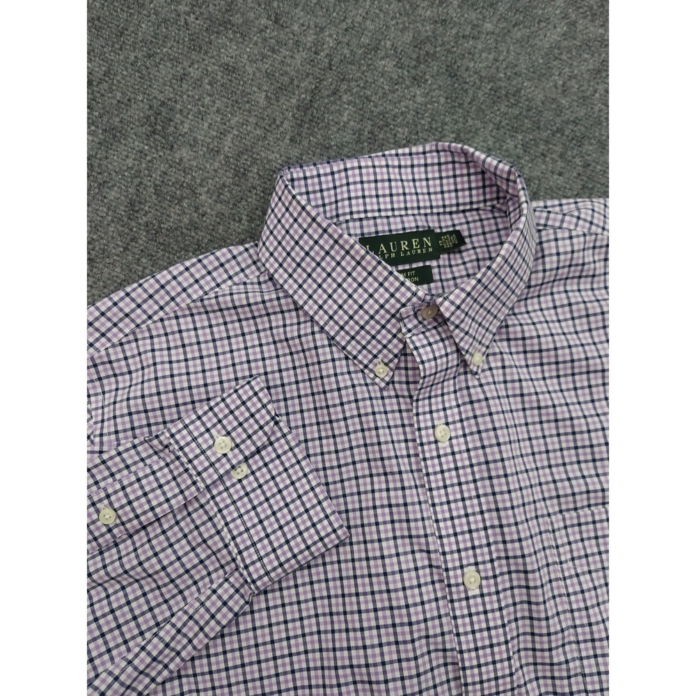 LRL‎ Ralph Lauren Shirt Mens 17 32/33 Purple Blue Plaid Check Slim Fit Non Iron